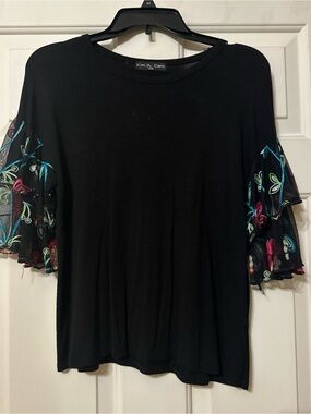 Kim & Cami Black Tee with Multicolor Floral Embroidered Ruffle Sleeves